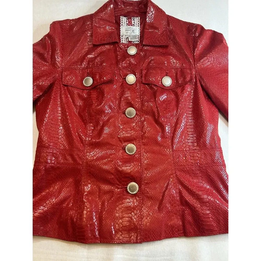 Just B Shiny‎ Red Metallic Jacket w/Decorative Buttons Small Snakeskin Print